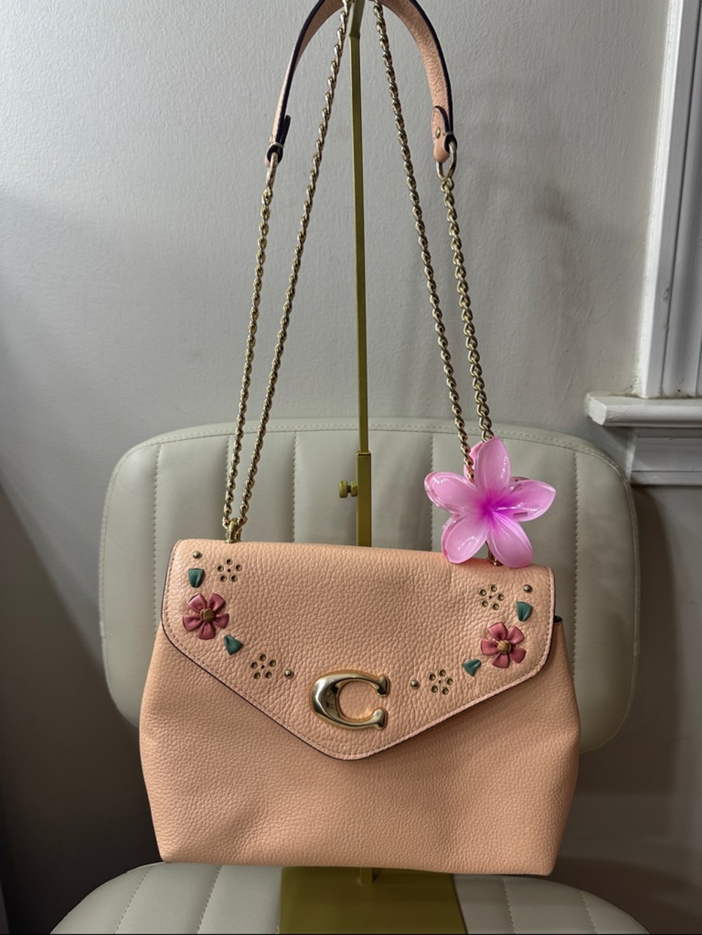 Coach Pink Pebble Leather Shoulder Bag with Floral Appliqué